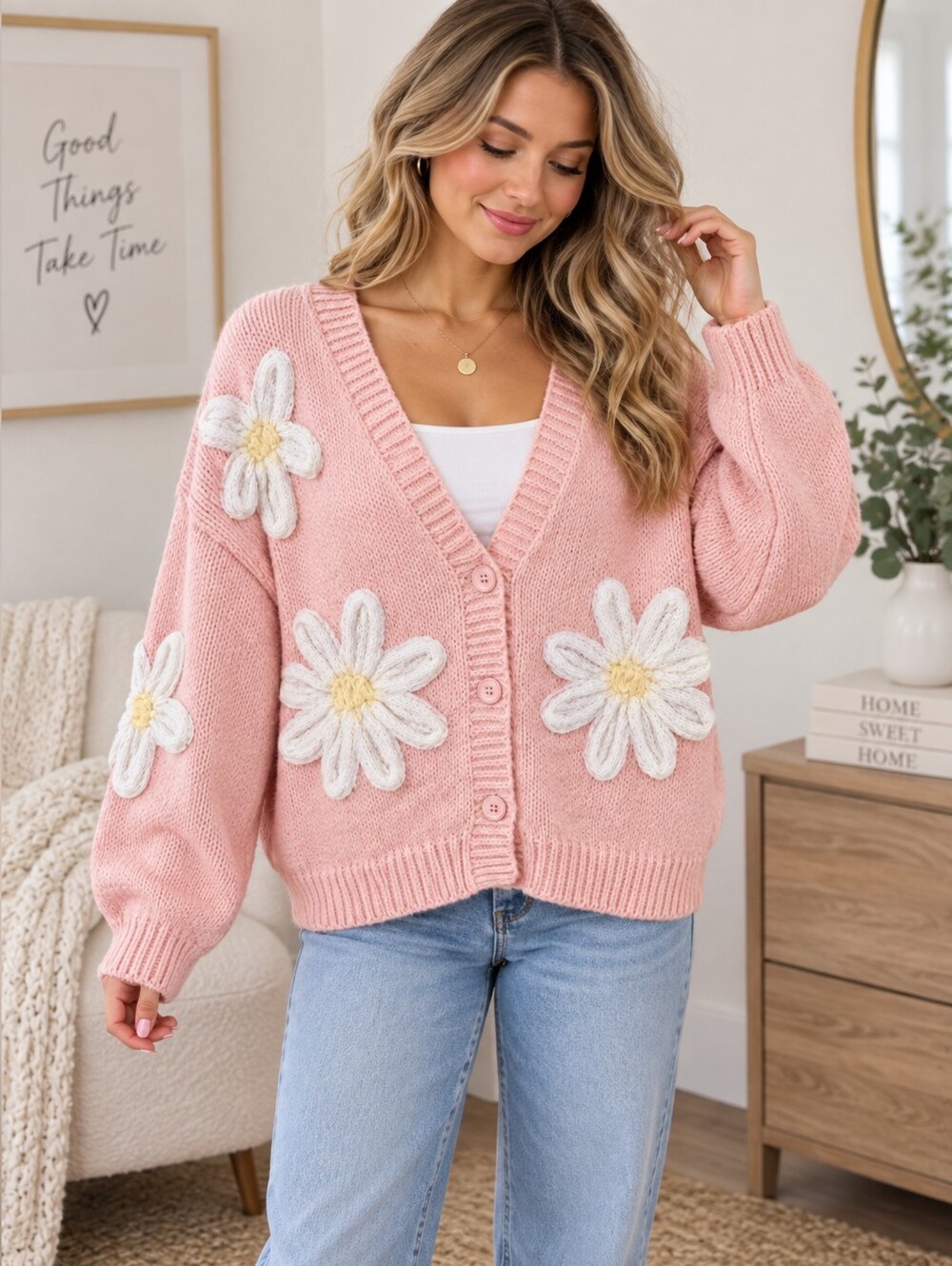 Pink Lily Pink Daisy Appliqué Cardigan XS NWOT 3 Button Floral Sweater